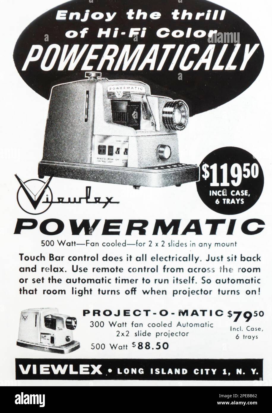 Powermatic Project-o-matic Diaprojektor von Viewlex Werbespot in einer Zeitschrift NatGeo September 1956 Stockfoto