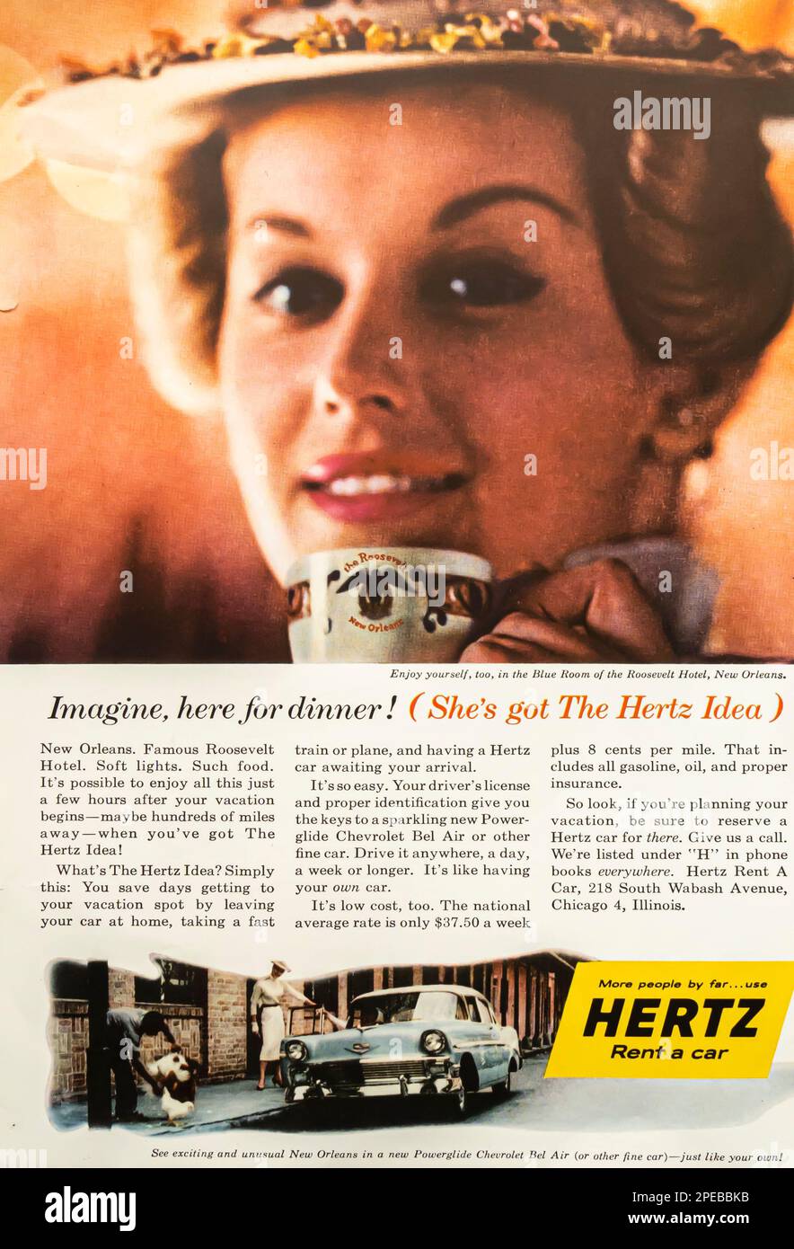 Hertz, Autovermietungswerbung in einer Zeitschrift NatGeo, September 1956 Stockfoto