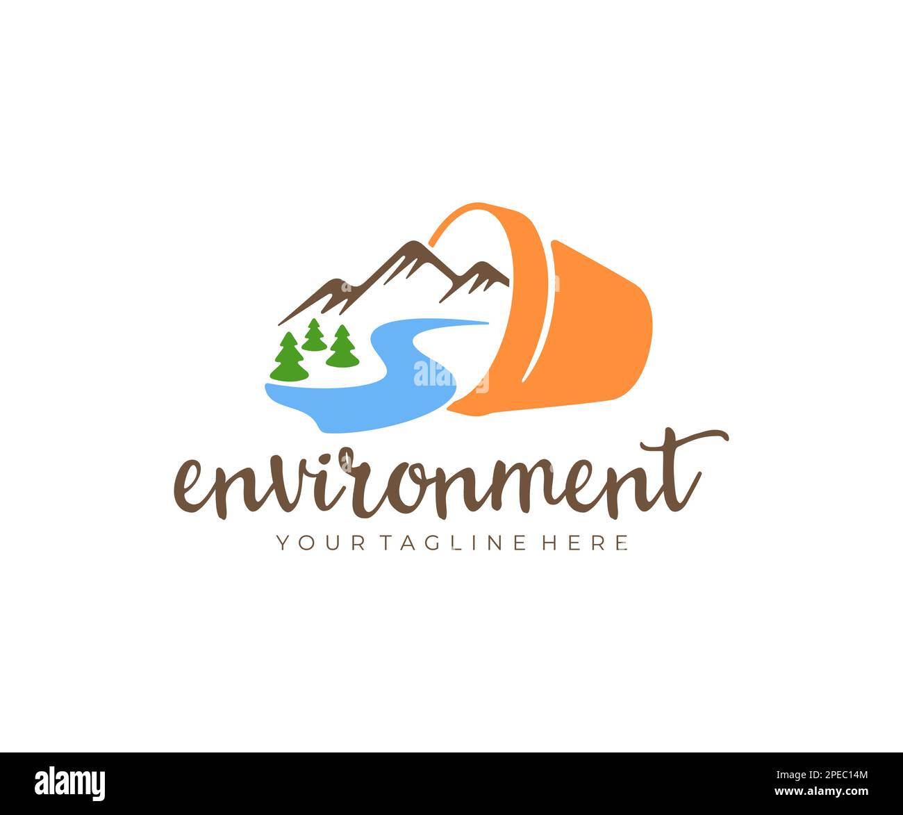 Umwelt, Blumentopf, Berge, Fluss und Wald, Logo-Design. Natur, Pflanzen, Bäume, Wasser, Landschaft und Forstwirtschaft, vektordesign und Illustration Stock Vektor