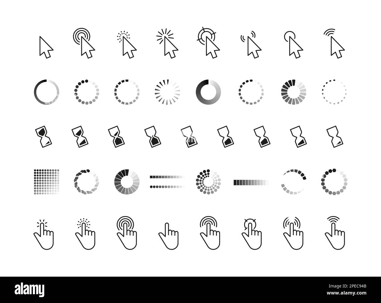 Fortschrittscursor der Schnittstelle. Mauszeiger-Mausklick-Pfeil, Laden der Verbindung und Zeigen Hand-Websymbole, Schaltflächen der Computerschnittstelle. Vektorsatz. Hourgl Stock Vektor