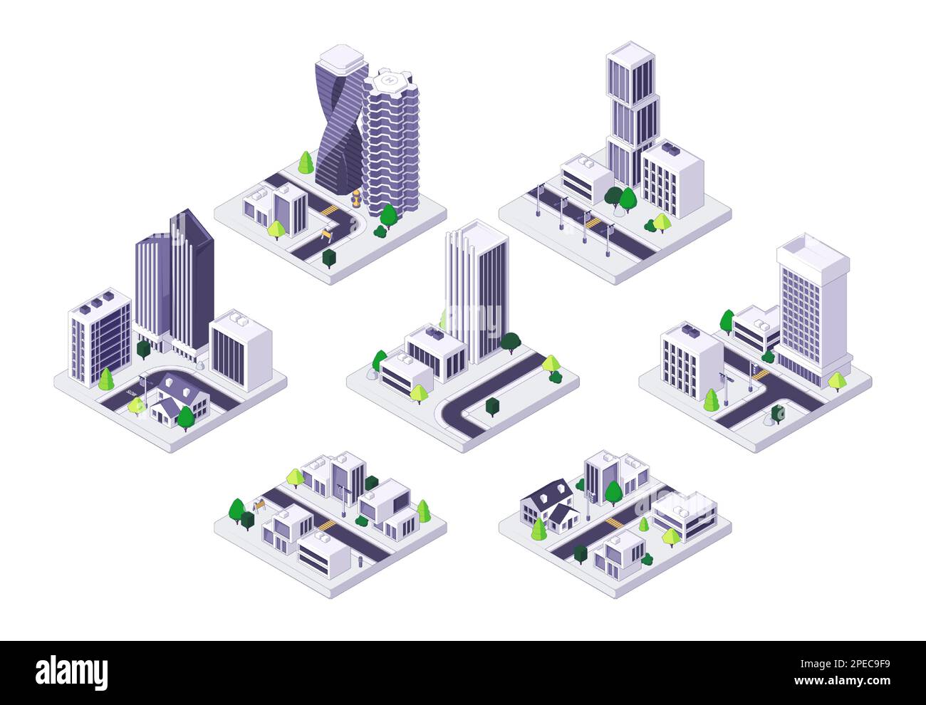 Isometrische Straßen. Stadtviertel mit Wolkenkratzern, Wohnungen und Bürogebäuden, städtischer Wohnblock mit Verkehr. Vektordarstellung Stock Vektor
