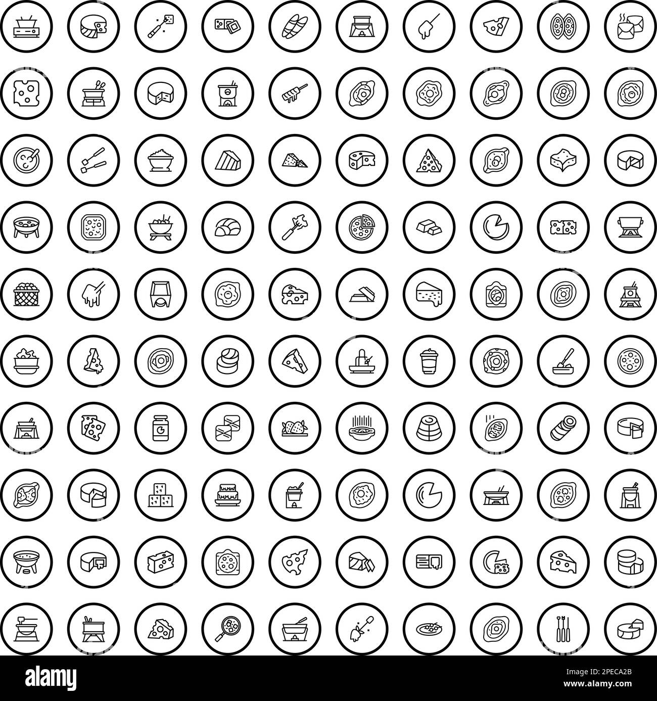 100 Käsesymbole. Umrissdarstellung von 100 Käsesymbolen, Vektorsatz isoliert auf weißem Hintergrund Stock Vektor