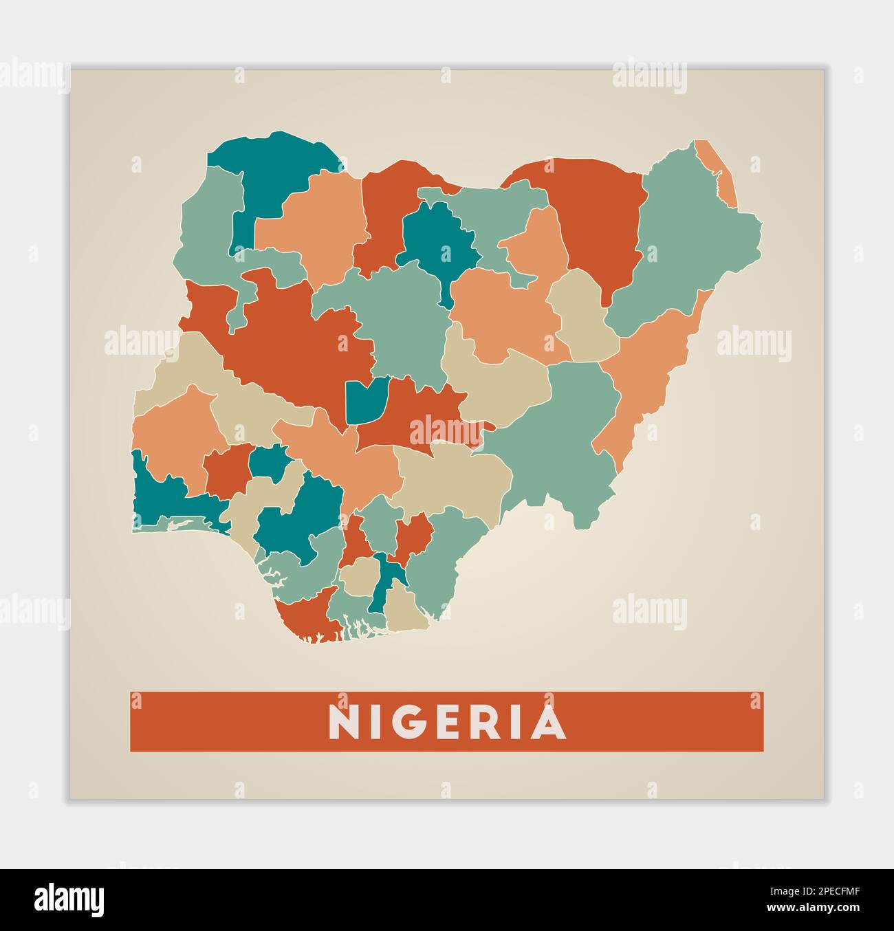 Nigeria-Poster. Landkarte mit bunten Regionen. Form Nigeria mit Ländernamen. Fesselnde Vektordarstellung. Stock Vektor
