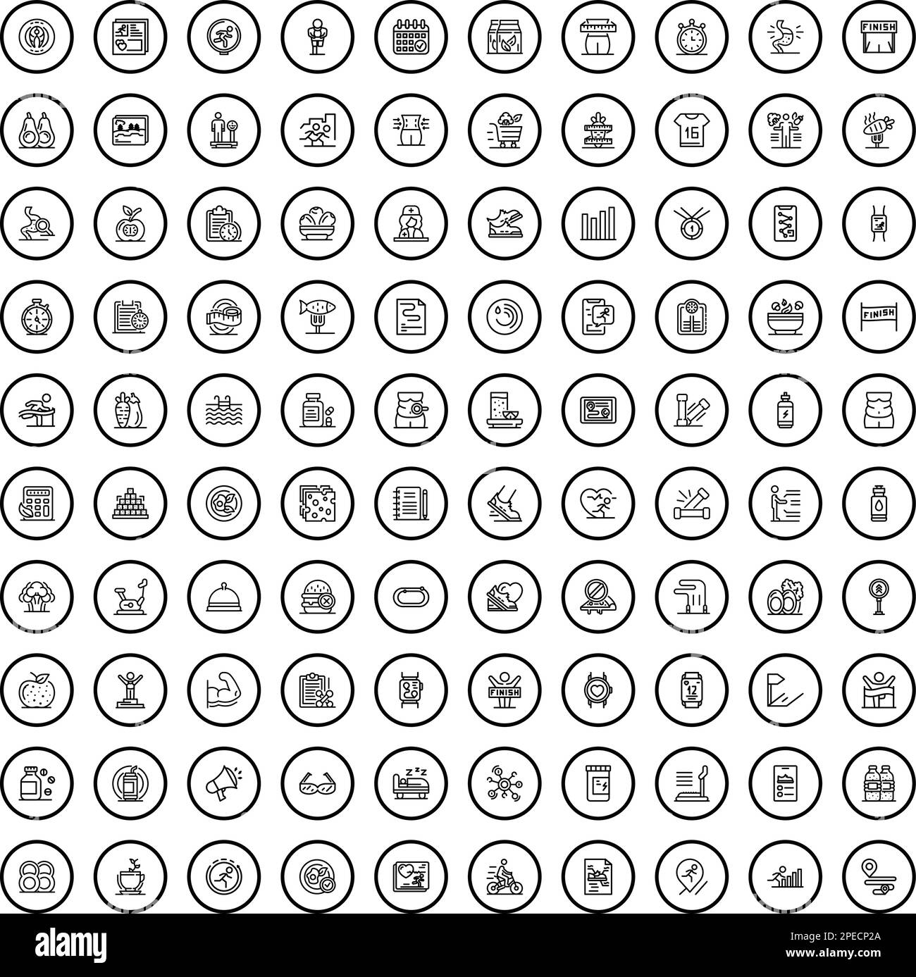 100 Fitnesssymbole. Gliederungsdarstellung von 100-Fitnesssymbolen, Vektorsatz isoliert auf weißem Hintergrund Stock Vektor