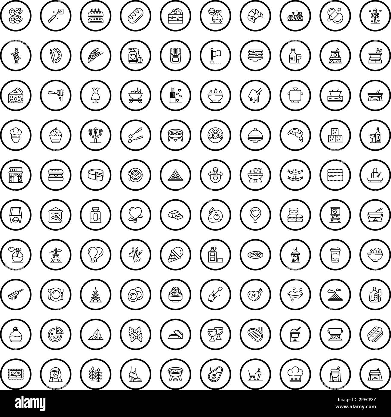 100 symbole für frankreich eingestellt. Umrissdarstellung von 100 französischen Symbolen, Vektorsatz isoliert auf weißem Hintergrund Stock Vektor