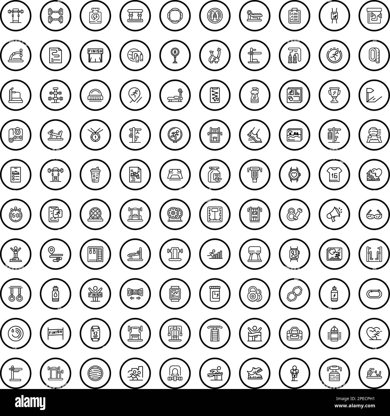 100 Symbole für das Fitnessstudio. Skizzieren Abbildung von 100 Fitness-Studio-Symbole Vektor-Set isoliert auf weißem Hintergrund Stock Vektor