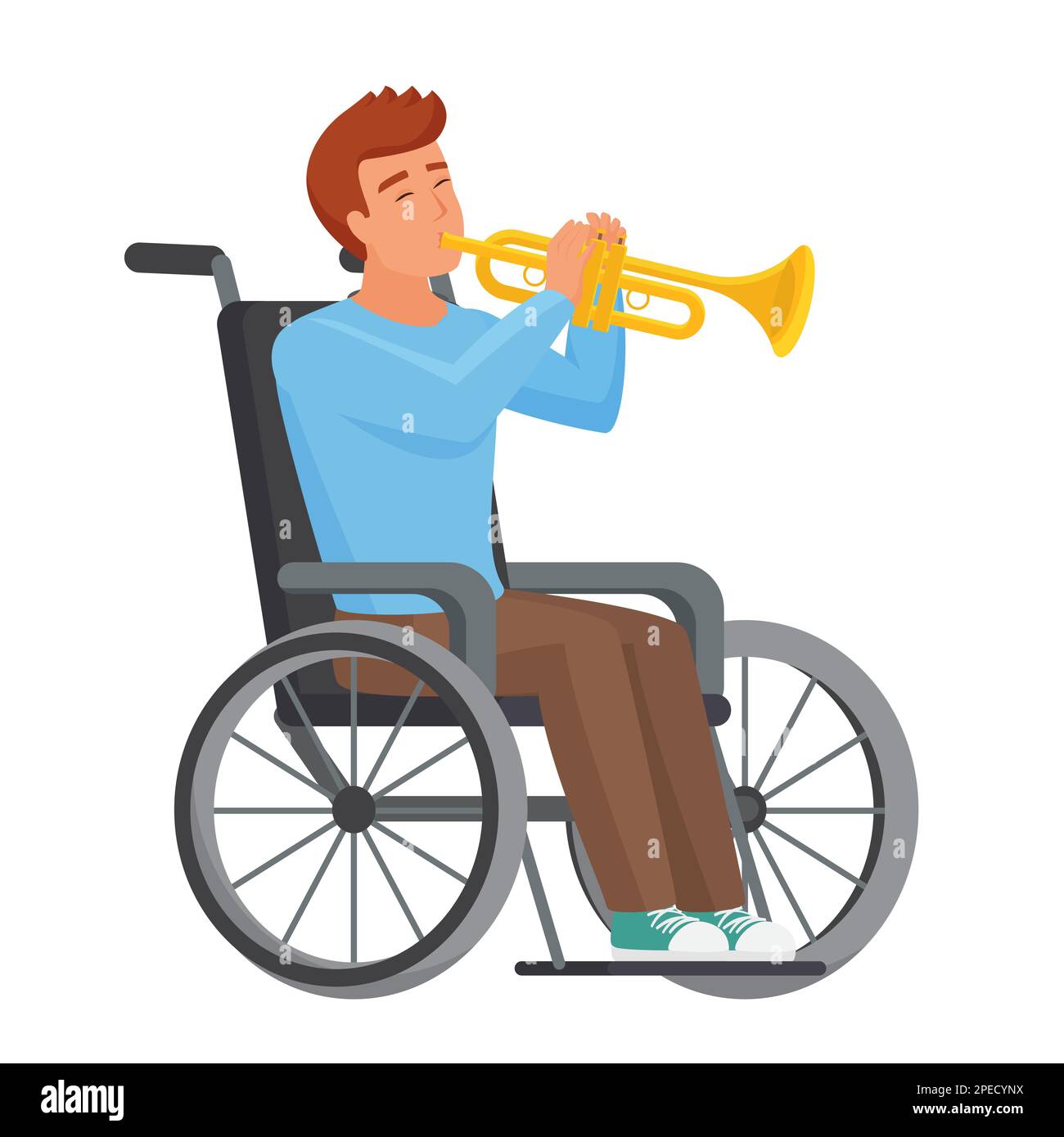 Ein Behinderter, der Trompete spielt. Ein Junge, der im Rollstuhl sitzt, spielt Instrumentenvektor-Zeichentrickfilm Stock Vektor