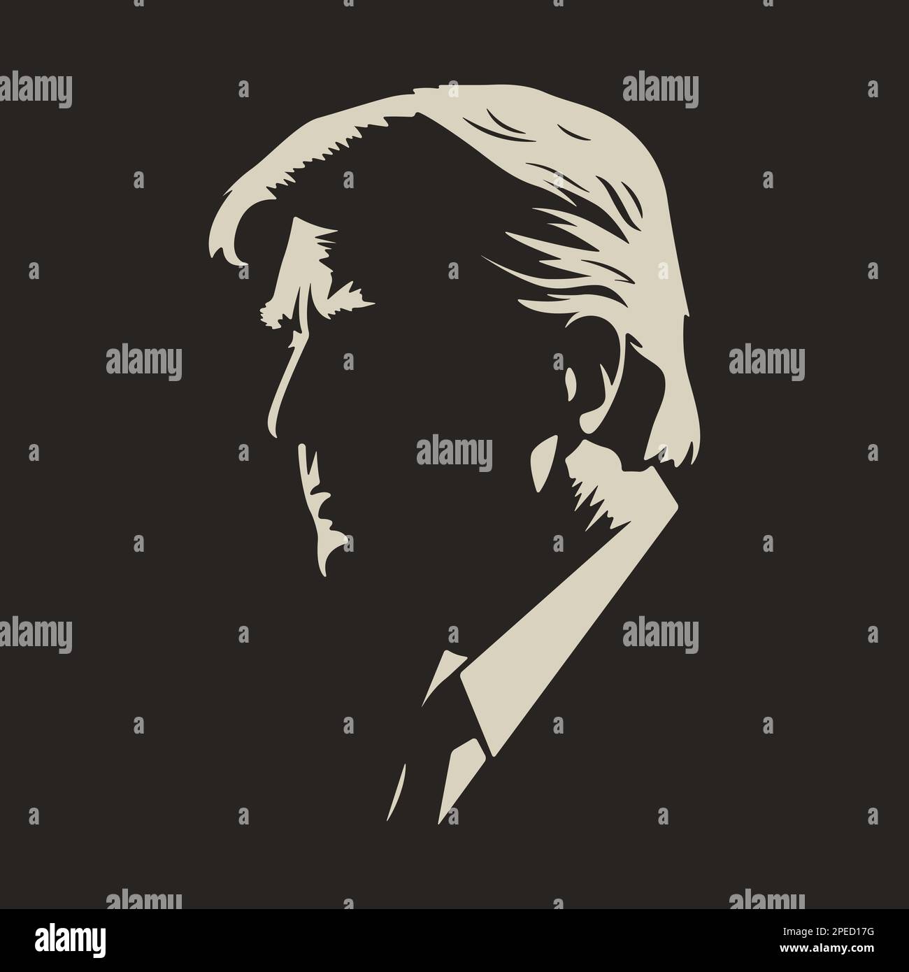 Georgien. 13. März 2023: Schwarz-weiße Silhouette Portrait von Donald Trump. US-Präsident mit schwarzem Hintergrund. Seitenansicht. Vektordarstellung Stock Vektor
