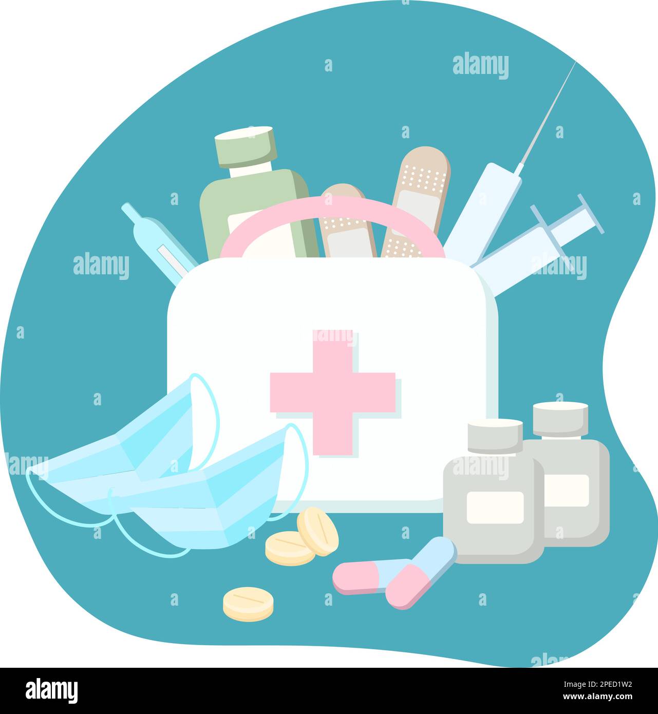 Ein kleines medizinisches Kit mit Thermometer und Pillen und Kapseln, Spritzen und Medikamenten, mit einem Pflaster und einer Maske. Stock Vektor