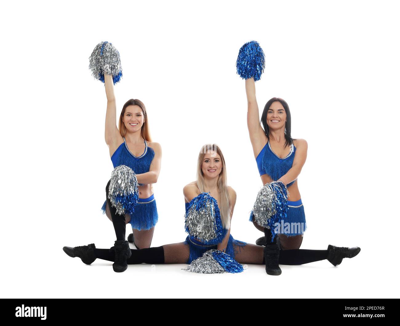 Eine Gruppe wunderschöner Cheerleader auf weißem Hintergrund Stockfoto