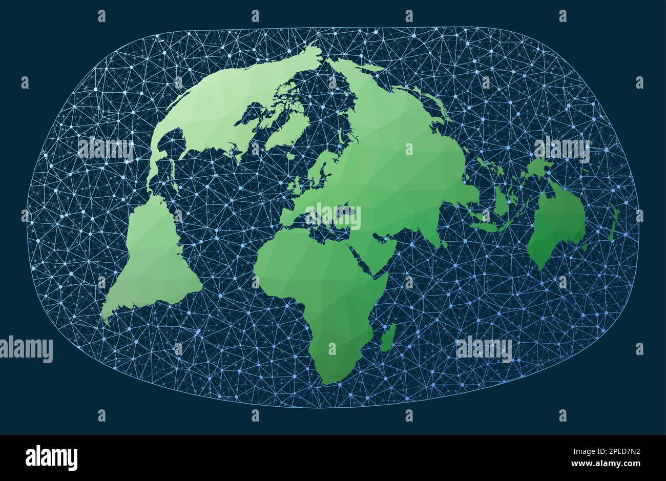 Globales Netzwerk. Bertin 1953-Projektion. Grüne, niedrige Poly-Welt-Karte mit Netzwerkhintergrund. Charmanter vernetzter Globus für Infografiken oder Präsentationen. V Stock Vektor