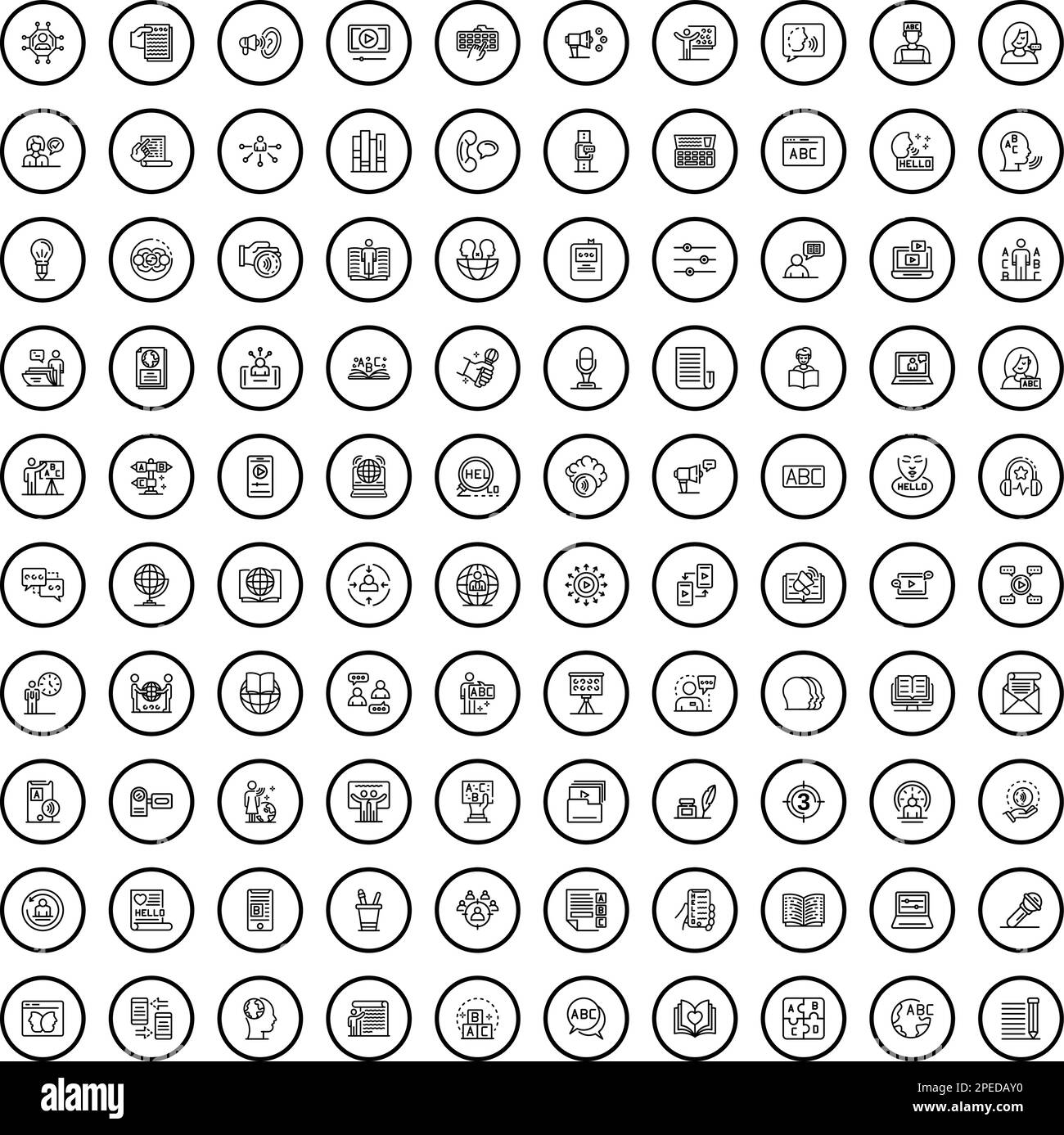 100 Dialogsymbole eingestellt. Skizzieren Sie die Darstellung von 100 Dialogsymbolen, die auf weißem Hintergrund isoliert dargestellt werden Stock Vektor