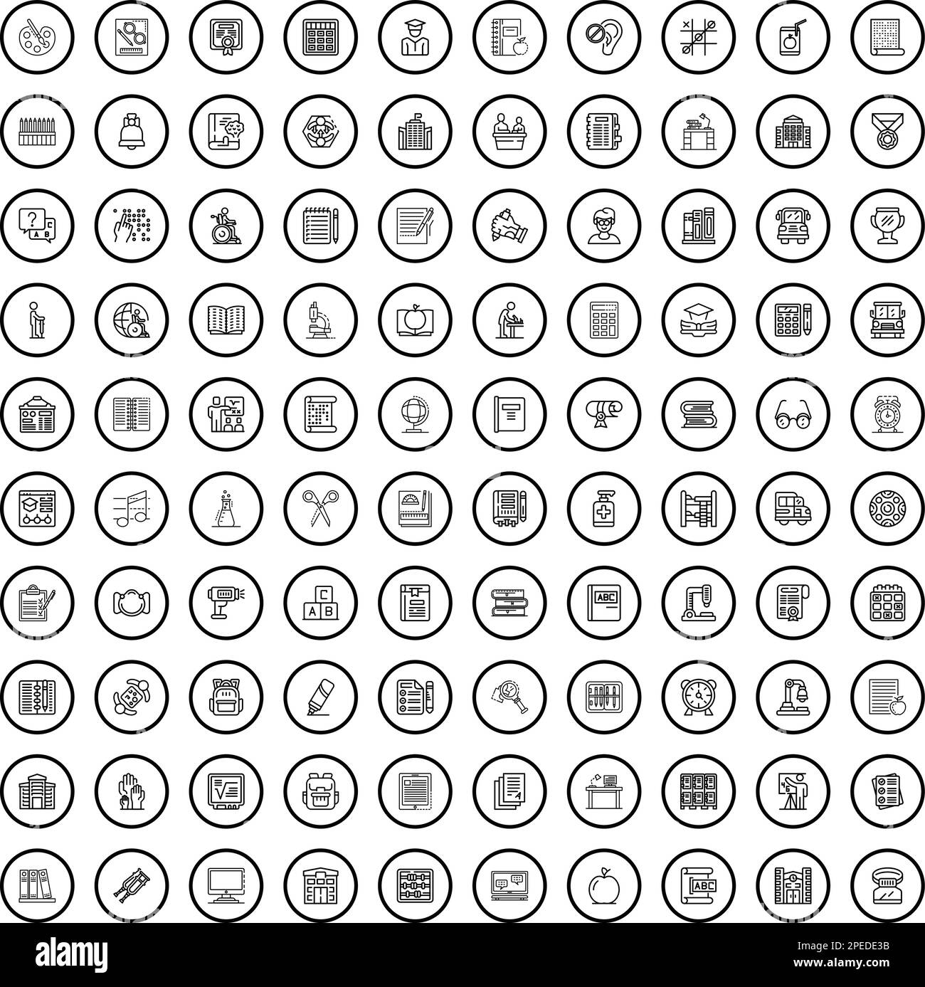 100 Symbole im Schulungsraum. Gliederungsdarstellung von 100 Symbolen im Klassenzimmer, Vektorsatz isoliert auf weißem Hintergrund Stock Vektor