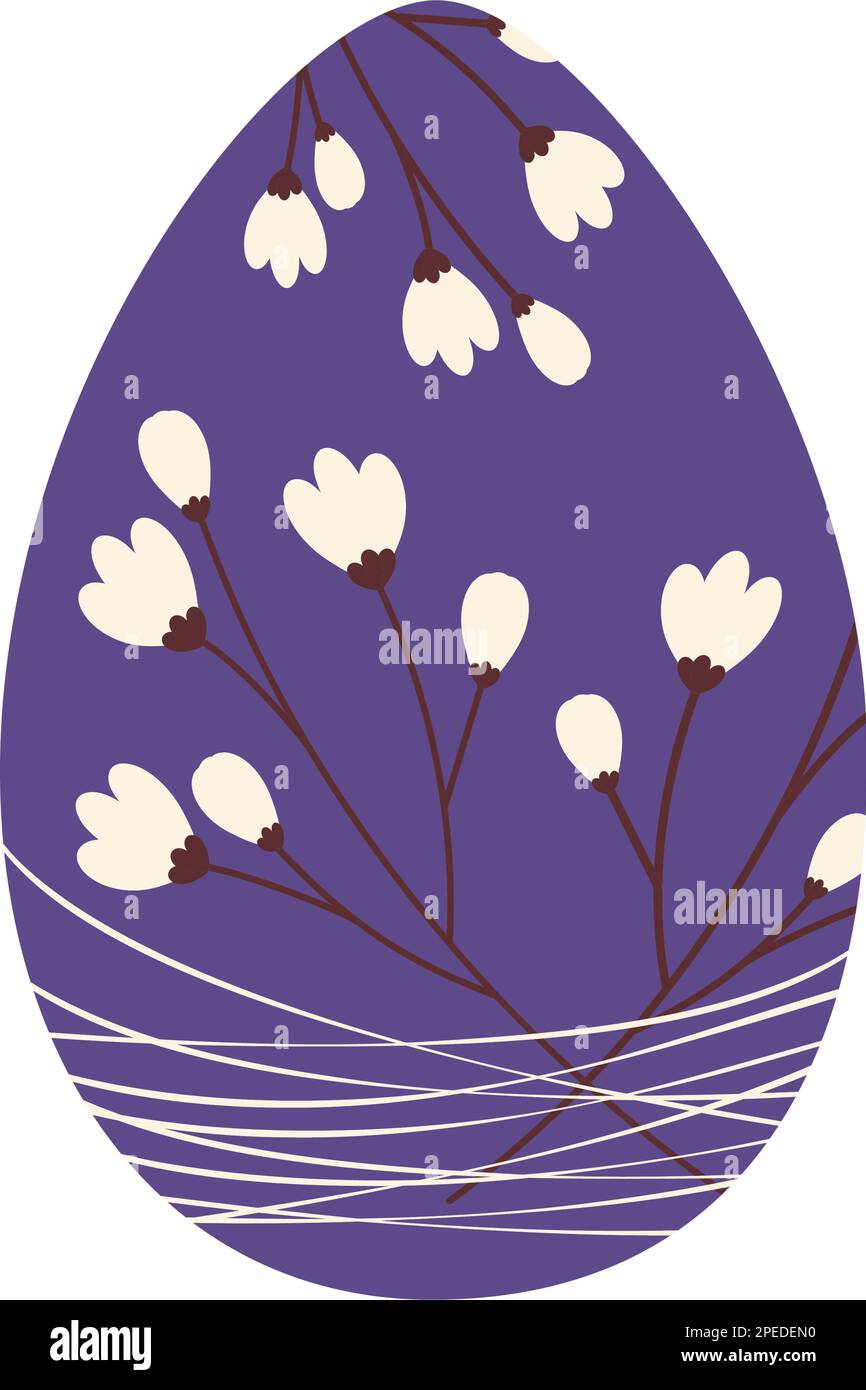 Osterei mit einem Muster von Kirschzweigen ist mit dünnem Faden in trendigen Lila-Tönen verflochten. Frohe Ostern. Aufkleber. Symbol. Isolieren. Gut geeignet für Poster, Banner oder Grußkarten, Einladungskarten. EPS Stock Vektor