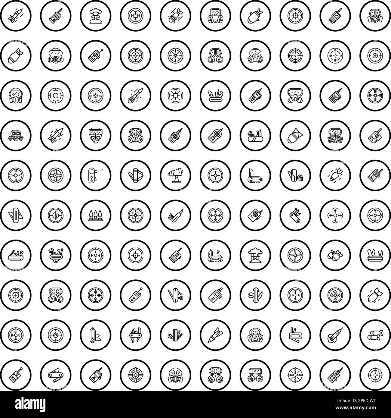 100 Armeesymbole eingestellt. Skizzieren Sie die Darstellung von 100 Armee-Symbolen Vektor auf weißem Hintergrund isoliert gesetzt Stock Vektor