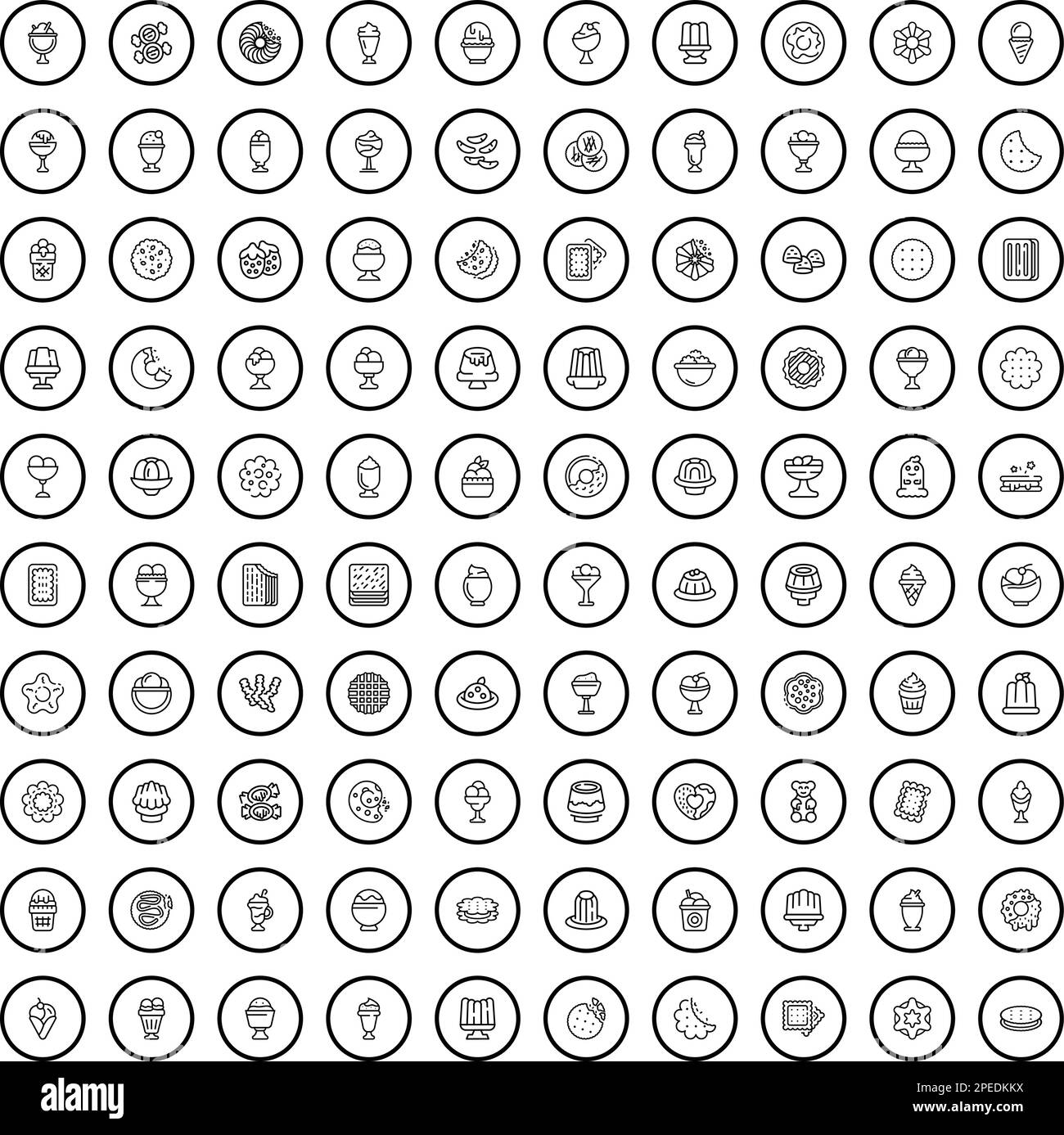 100 Dessert-Icons. Umrissdarstellung von 100 Dessertsymbolen, Vektorsatz isoliert auf weißem Hintergrund Stock Vektor