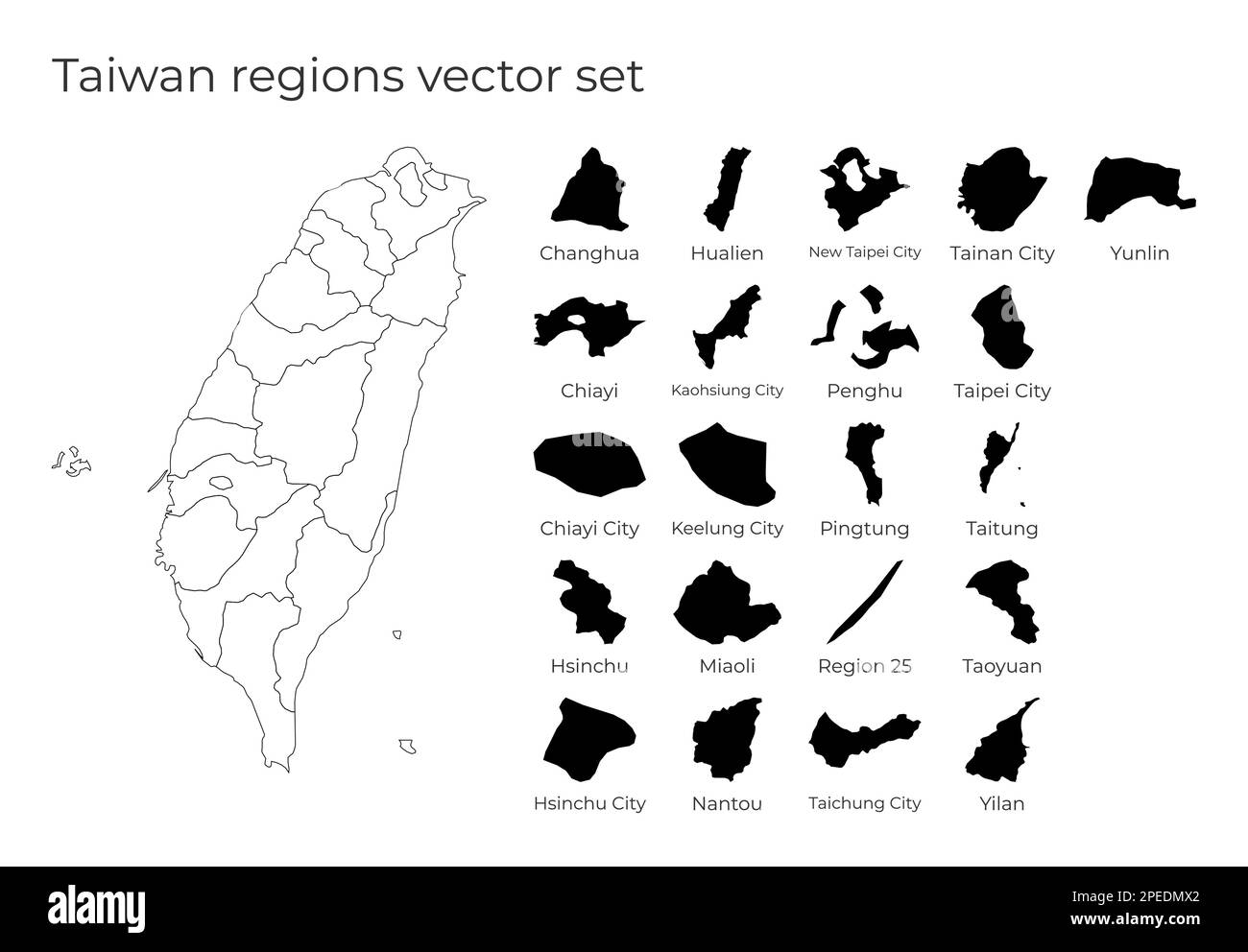 Taiwan Karte mit Formen von Regionen. Leere Vektorkarte des Landes mit Regionen. Grenzen des Landes für Ihre Infografik. Vektorabbildung. Stock Vektor