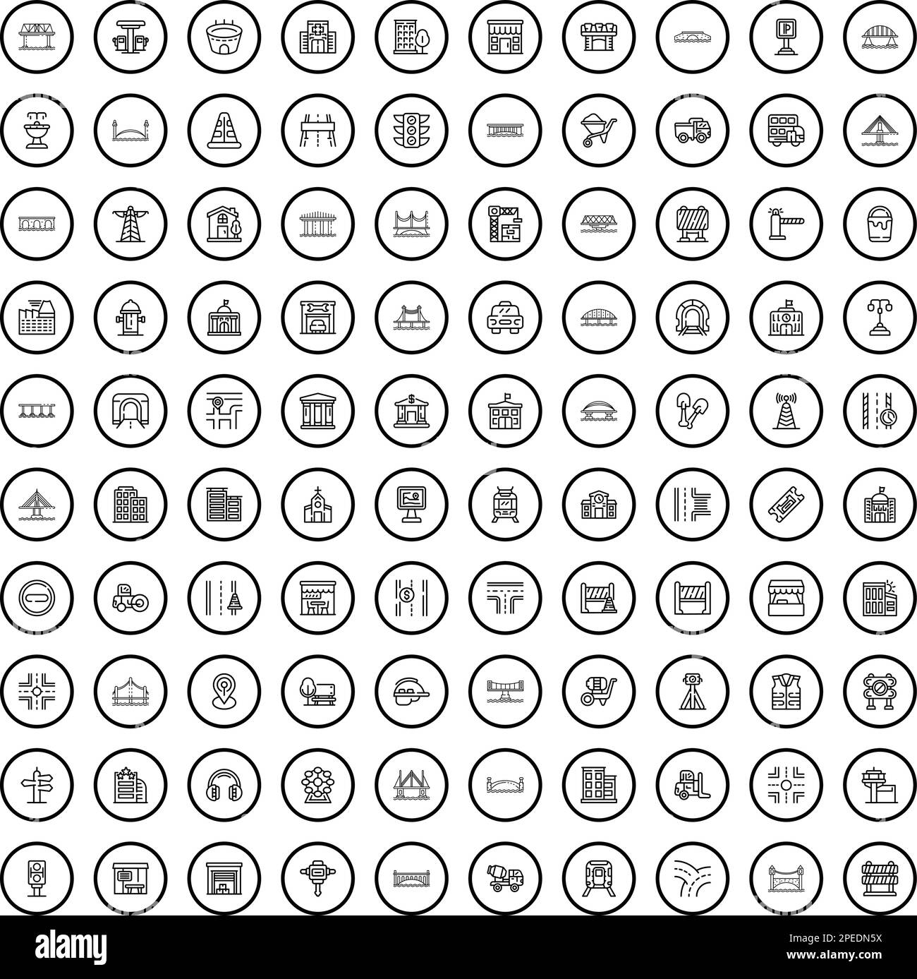 100 Bridge-Symbole eingestellt. Umrissdarstellung von 100-Bridge-Symbolen, Vektorsatz isoliert auf weißem Hintergrund Stock Vektor