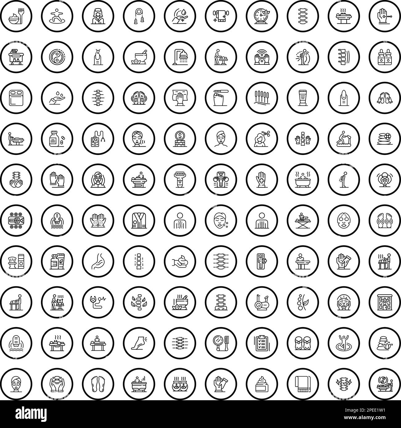 100 Massagesymbole. Skizzieren Sie die Darstellung von 100 Massage-Symbolen, Vektorset isoliert auf weißem Hintergrund Stock Vektor
