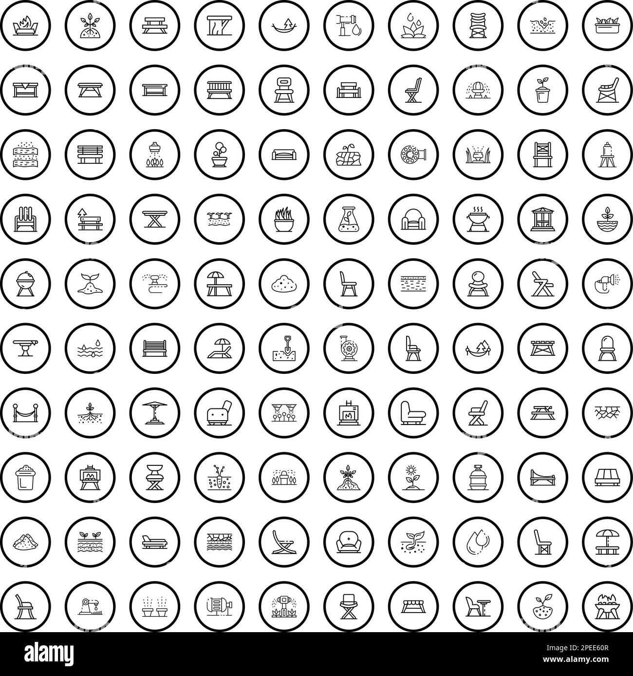 100 Garten-Ikonen-Set. Skizzieren Sie die Darstellung von 100 Garten-Symbole Vektor-Set isoliert auf weißem Hintergrund Stock Vektor