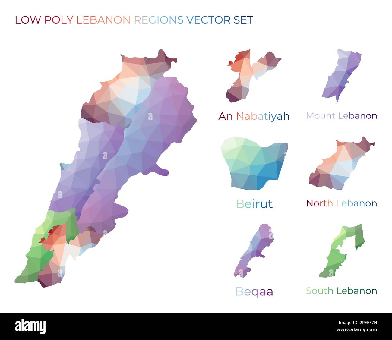 Libanesische Niederpoly-Regionen. Polygonale Karte des Libanon mit Regionen. Geometrische Karten für Ihr Design. Fesselnde Vektordarstellung. Stock Vektor