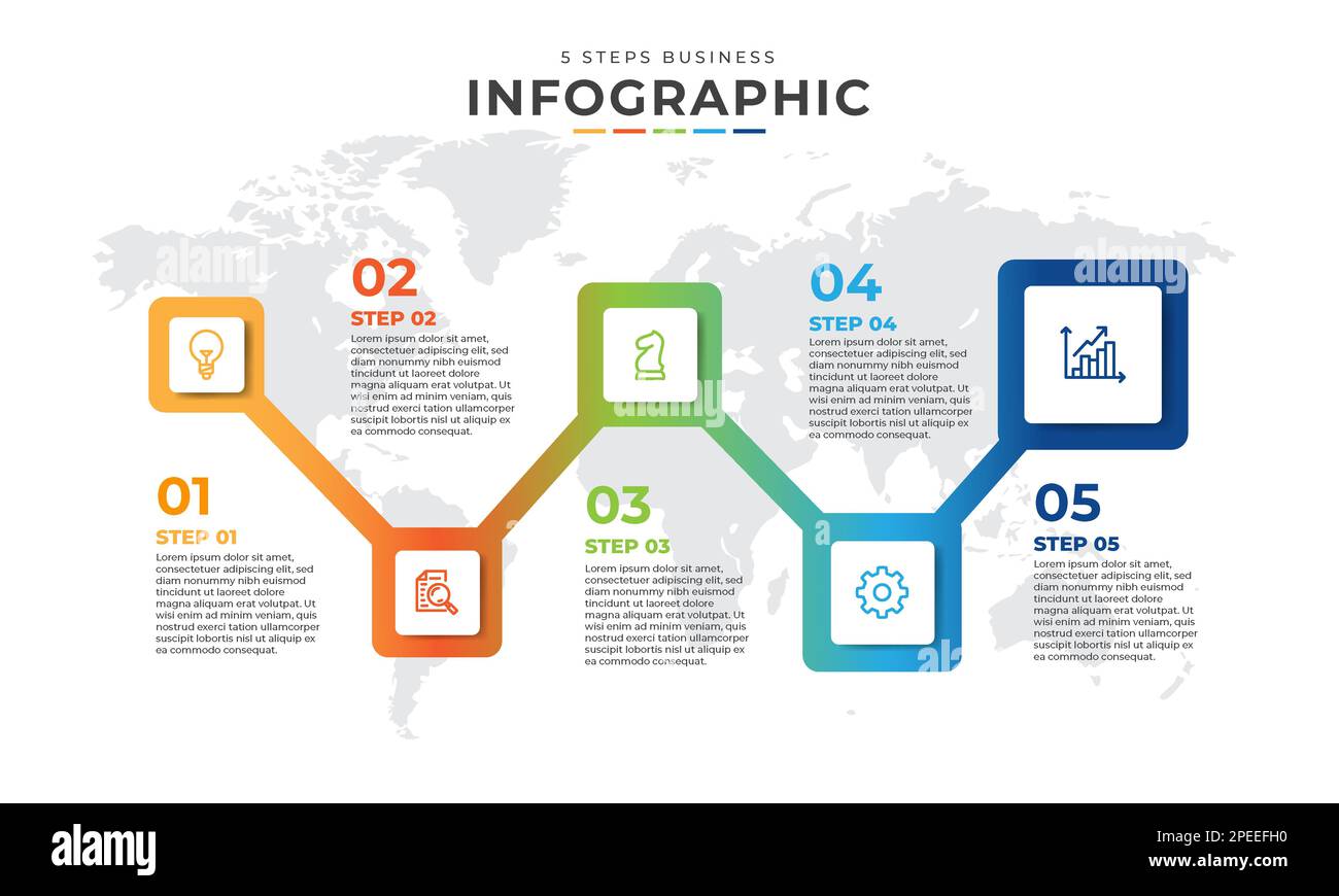 Bearbeitbares Infografik-Design. 5 Schritte Infografik Prozess oder Infografik zur Geschäftszeitleiste Vorlage. Zeitleiste für Unternehmen, Präsentation Stock Vektor