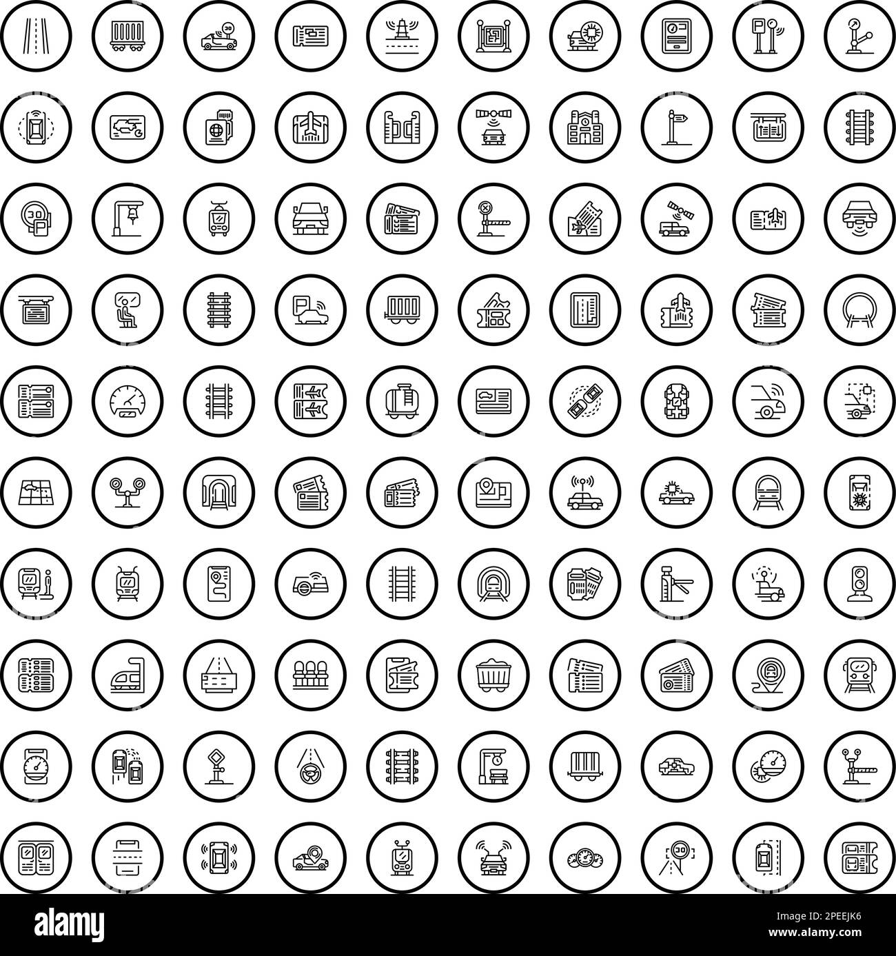 100 Transportsymbole eingestellt. Skizzieren Sie die Darstellung von 100 Transportsymbolen, die auf weißem Hintergrund isoliert sind Stock Vektor