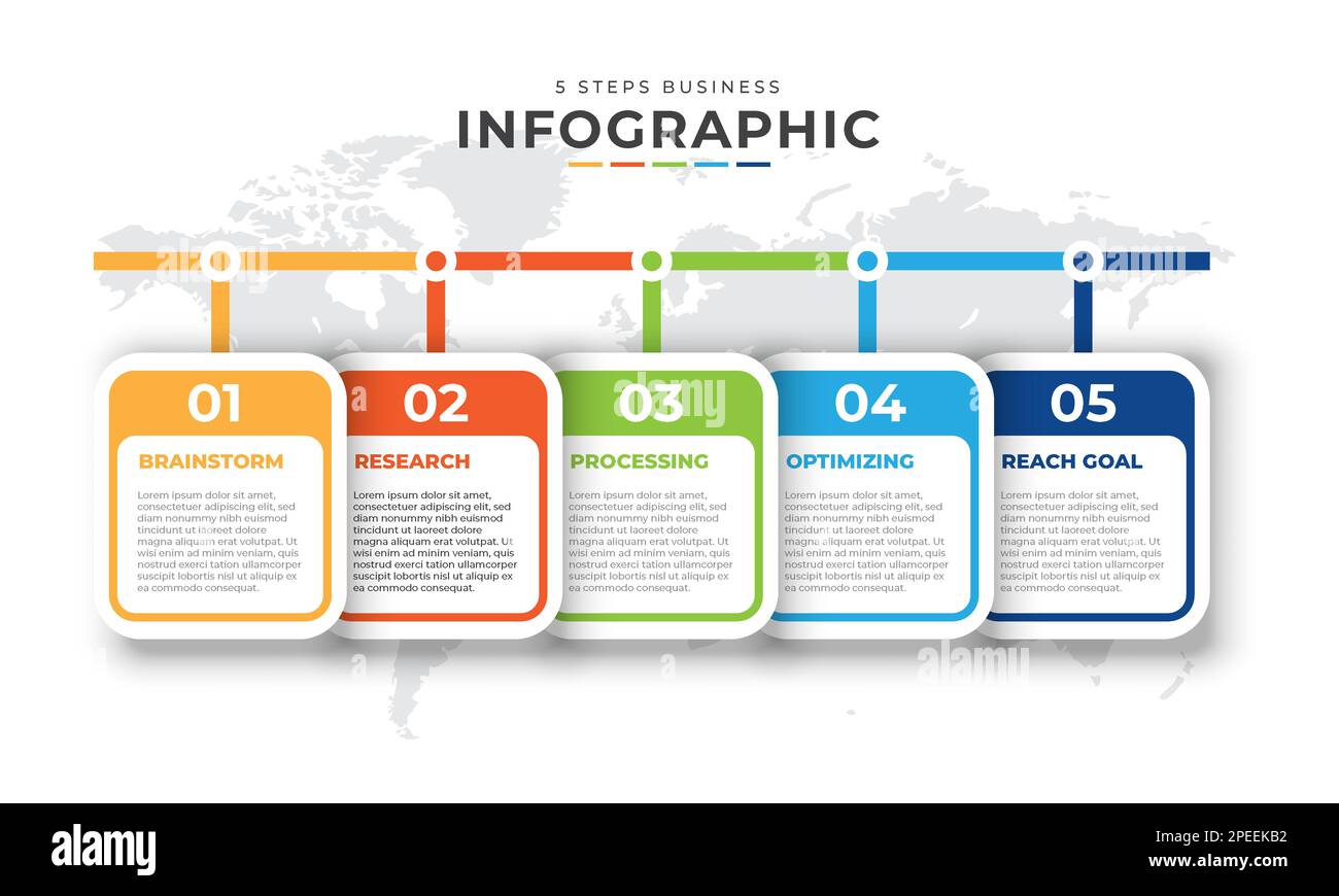 Bearbeitbares Infografik-Design. 5 Schritte Infografik Prozess oder Infografik zur Geschäftszeitleiste Vorlage. Zeitleiste für Unternehmen, Präsentation Stock Vektor