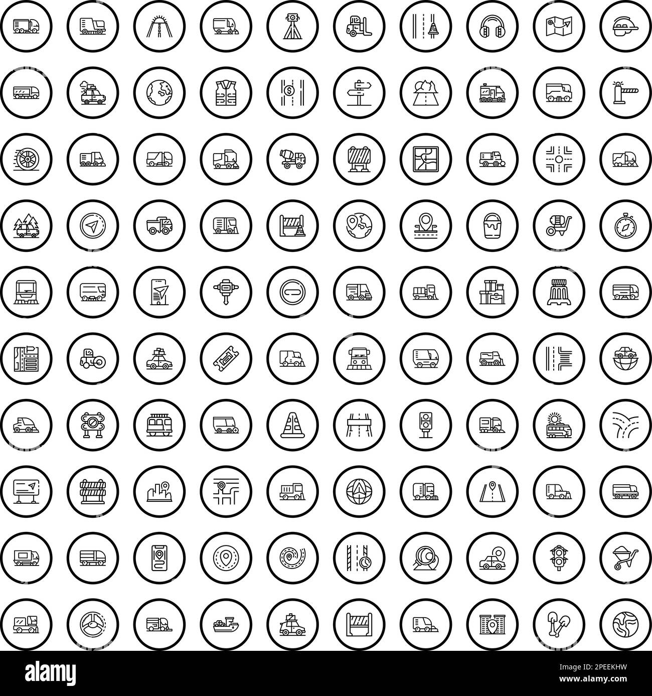 100 Straßensymbole eingestellt. Skizzieren Sie die Darstellung von 100 Straßensymbolen, die auf weißem Hintergrund isoliert dargestellt werden Stock Vektor