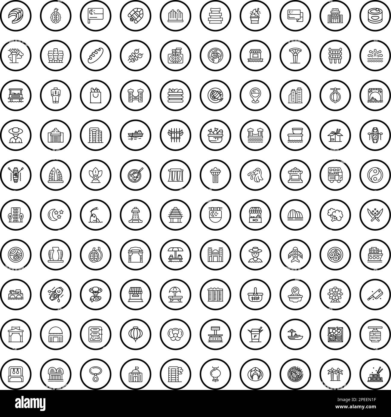 100-Ansichtssymbole eingestellt. Umrissdarstellung der 100-Ansichtssymbole Vektorsatz isoliert auf weißem Hintergrund Stock Vektor