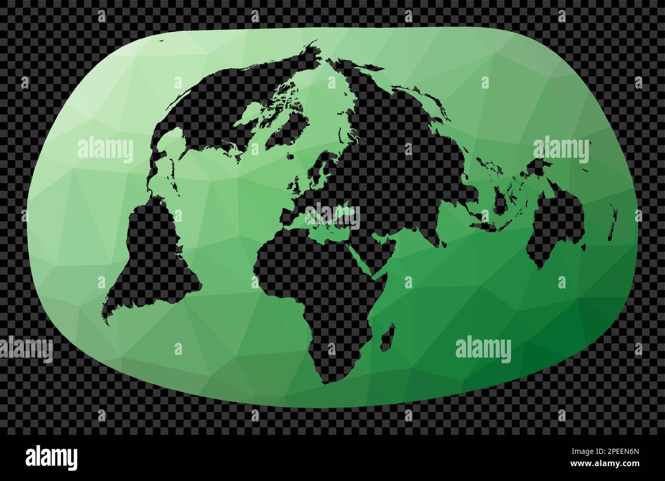 Niedrige Poly-Map der Welt. Bertin 1953-Projektion. Polygonale Weltkarte auf transparentem Hintergrund. Schablonenform geometrischer Globus. Charmanter vecto Stock Vektor