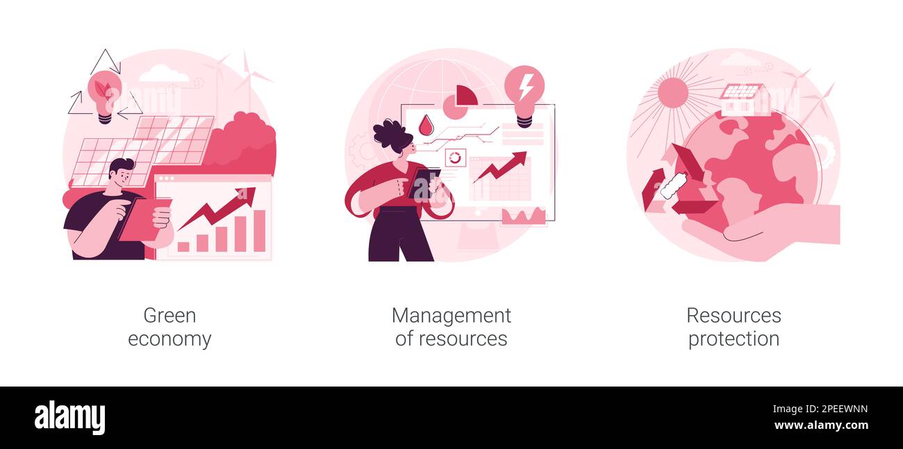 Abstraktes Konzept für nachhaltige Entwicklung Vektorbildungs-Set. Grüne Wirtschaft, Ressourcenmanagement, Schutz der natürlichen Ressourcen und Landschaftspflege, abstrakte Metapher für erneuerbare Energien. Stock Vektor