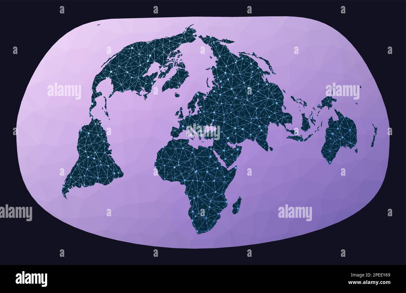 Abbildung: Globales Netzwerk. Jacques Bertins Projektion 1953. Weltnetzwerkkarte. Verdrahtete Kugel in Bertin 1953-Projektion auf geometrischen Hintergrund mit niedrigem Polyesteranteil Stock Vektor
