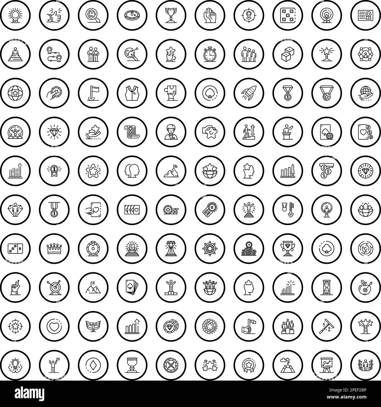 100 Gewinner-Symbole gesetzt. Skizzieren Sie die Darstellung von 100 Siegersymbolen, die auf weißem Hintergrund isoliert sind Stock Vektor
