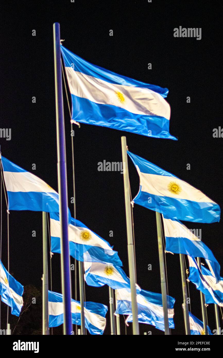 Argentinische Flaggen, die nachts über dem dunklen Himmel winken Stockfoto