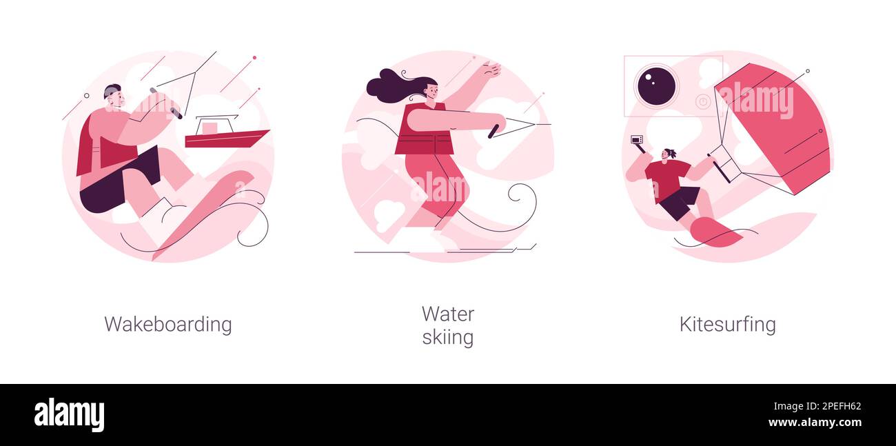 Wassersport abstraktes Konzept Vektor Illustration Set. Wakeboarding, Wasserski und Kitesurfen, aktiver Lifestyle, Skisprung, Sommerabenteuer, extrem Stock Vektor