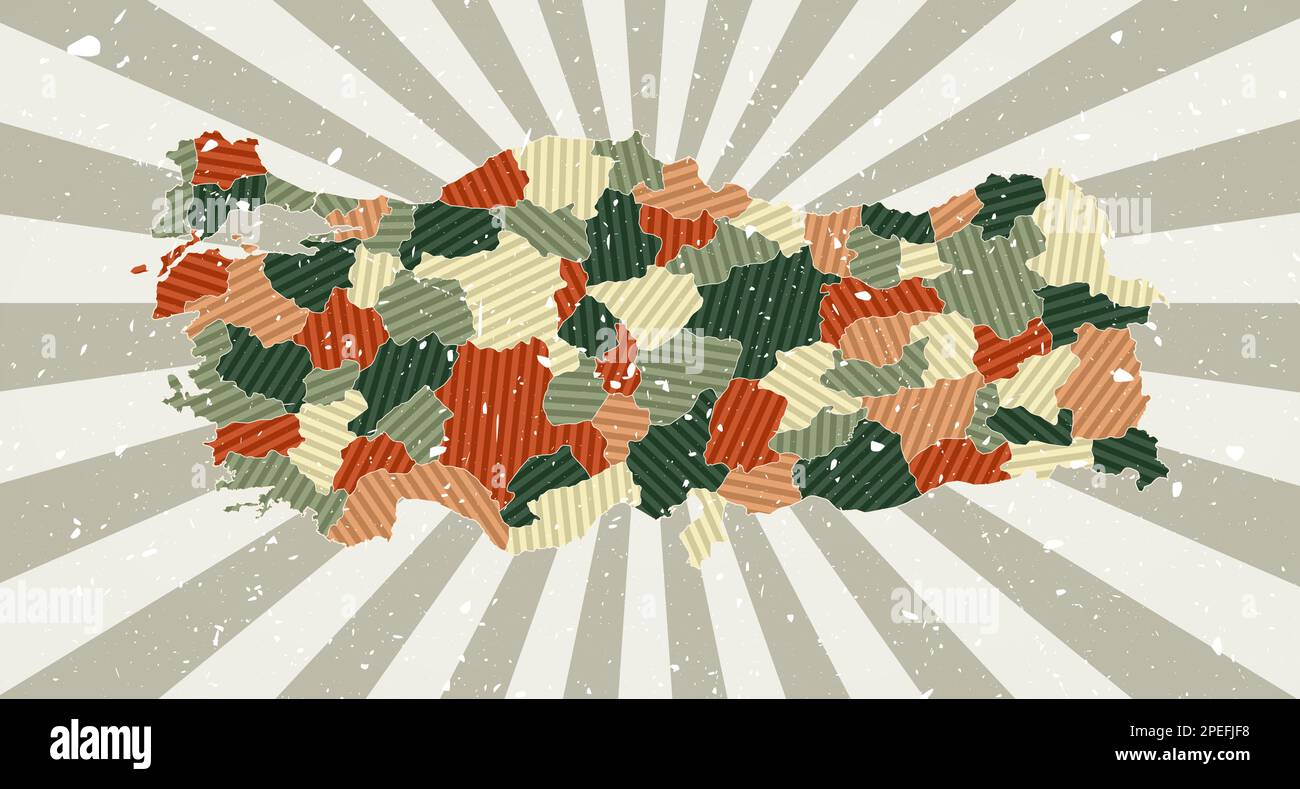 Truthahn-Vintage-Karte. Grunge Poster mit Landkarte in Retro-Farbpalette. Die Form der Pute mit sonnenbestrahltem Hintergrund. Vektordarstellung. Stock Vektor