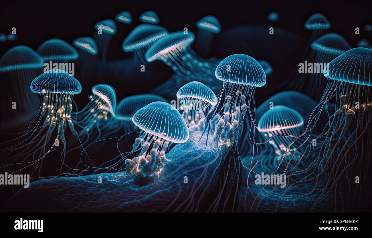 Biolumineszierende Quallen, die im Ozean violett und blau leuchten.  Meeresbewohner Unterwasserwelt Stockfotografie - Alamy