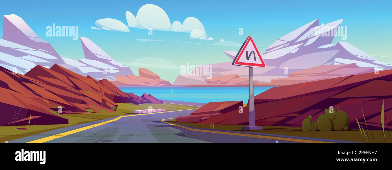 Gewundene Autobahn mit Berg- und Seenlandschaft. Vektor-Cartoon-Darstellung von Asphaltstraße zum Fluss, Warnschild, Felsen am Horizont, blauer Himmel mit flauschigen Wolken. Reiseabenteuer Stock Vektor