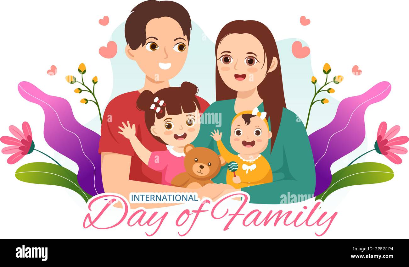 Internationaler Familientag mit Kindern, Vater und Mutter für Webbanner oder Landing-Page in flachen, handgezeichneten Cartoon-Vorlagen Stock Vektor