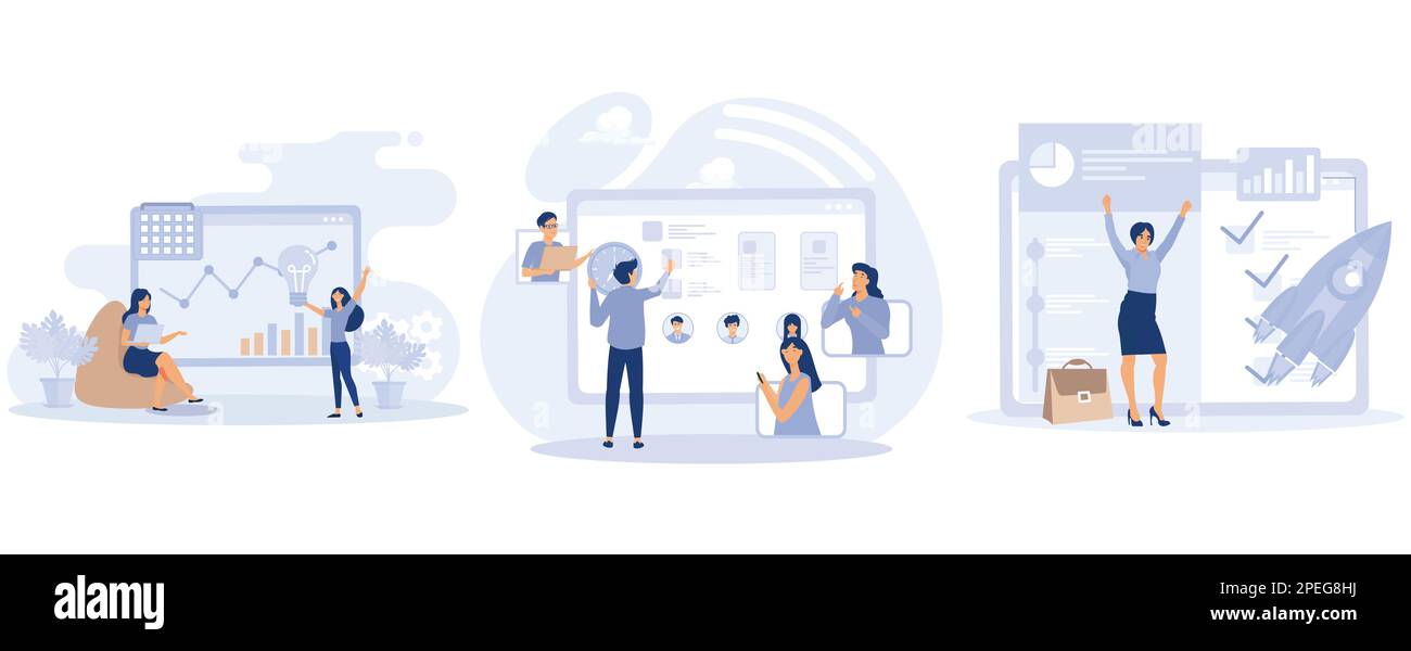 Projektimplementierungskonzept, Projekteinleitung und -Abschluss, Workflow-Prozess, Geschäftsanalyse, Vision und Umfang, Management-Software, Abgeflacht V Stock Vektor