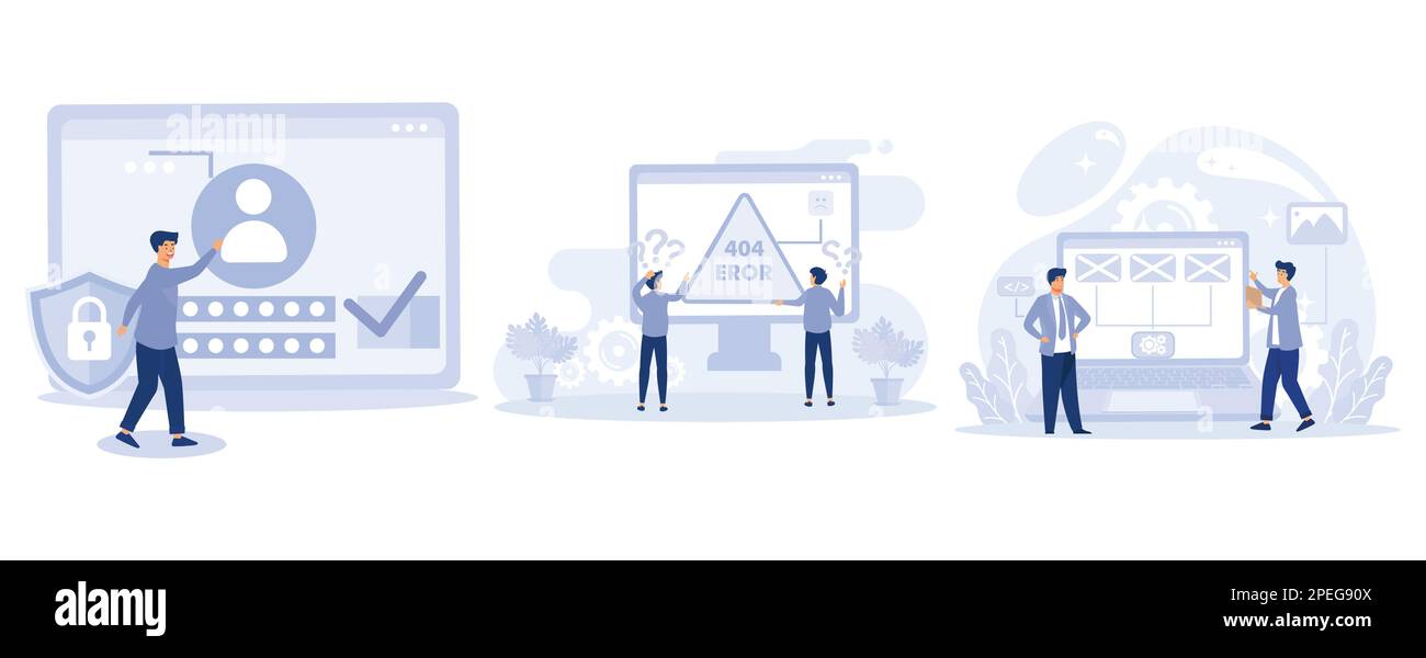 Anmeldeseite, Fehler 404, Website-Vorlage, Anmeldeformular für Benutzer, UI, Neue Kontenregistrierung, flacher Vektor, moderne Illustration. Stock Vektor