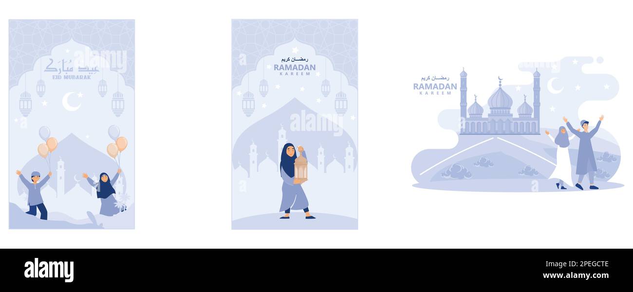 Eid Mubarak Vektor mit fröhlichen Kindern, muslimisches Mädchen mit Laterne mit Halbmond, Sternen und Moschee als Hintergrund, flacher Vektor moderne Illustratio Stock Vektor