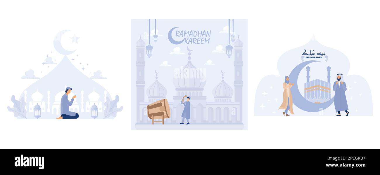 Muslimisches Gebet Ramadan Grußkarte, islamischer Hintergrund, muslimische Kinder bieten Namaaz für Eid Mubarak, flacher Vektor moderne Illustration Stock Vektor