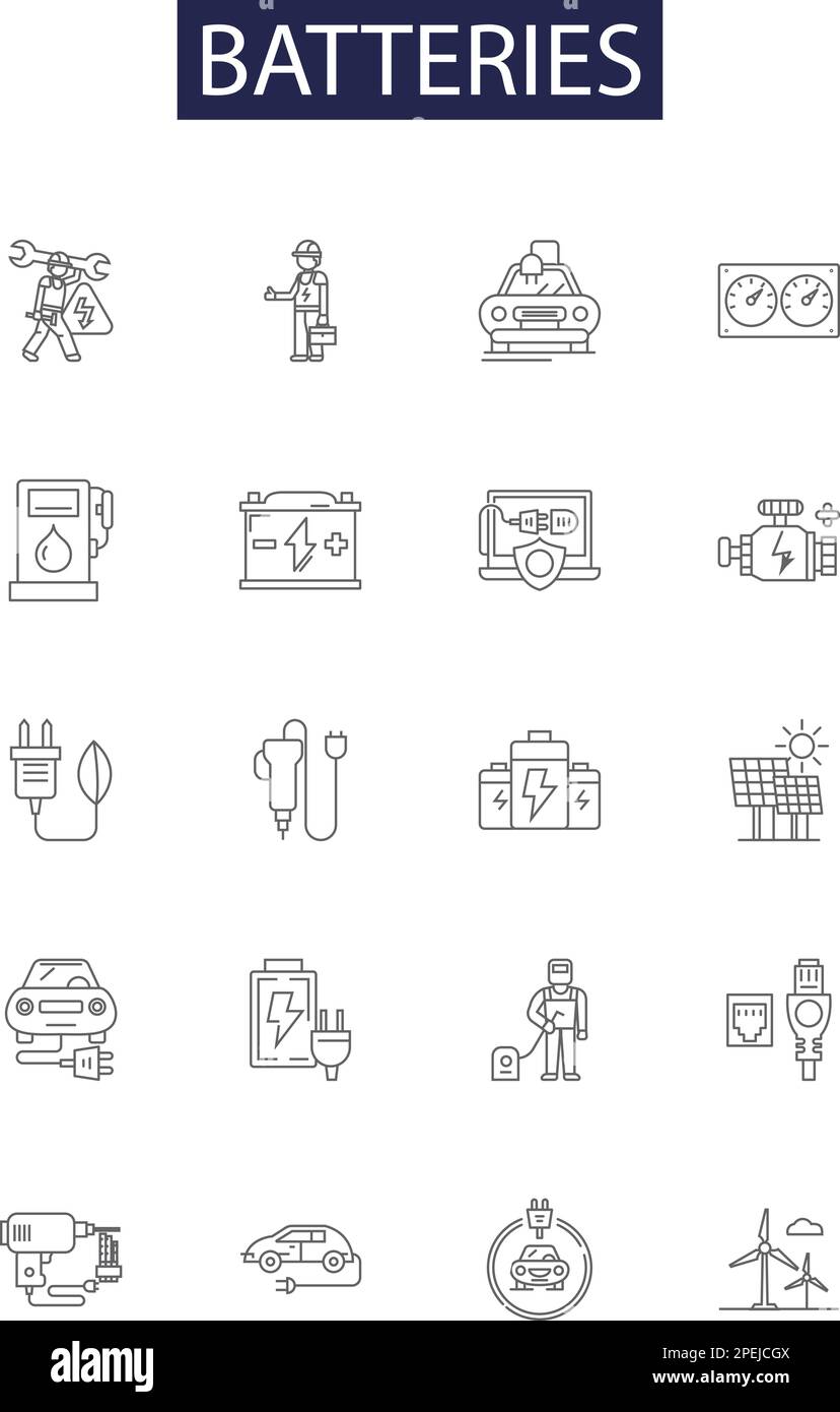 Vektorsymbole und -Schilder für Batterien. Ladegerät, Stromversorgung, Wiederaufladbar, Laden, Lithium, Blei-Säure-, Primär-, Sekundär-Konturvektor-Zeichnungssatz Stock Vektor