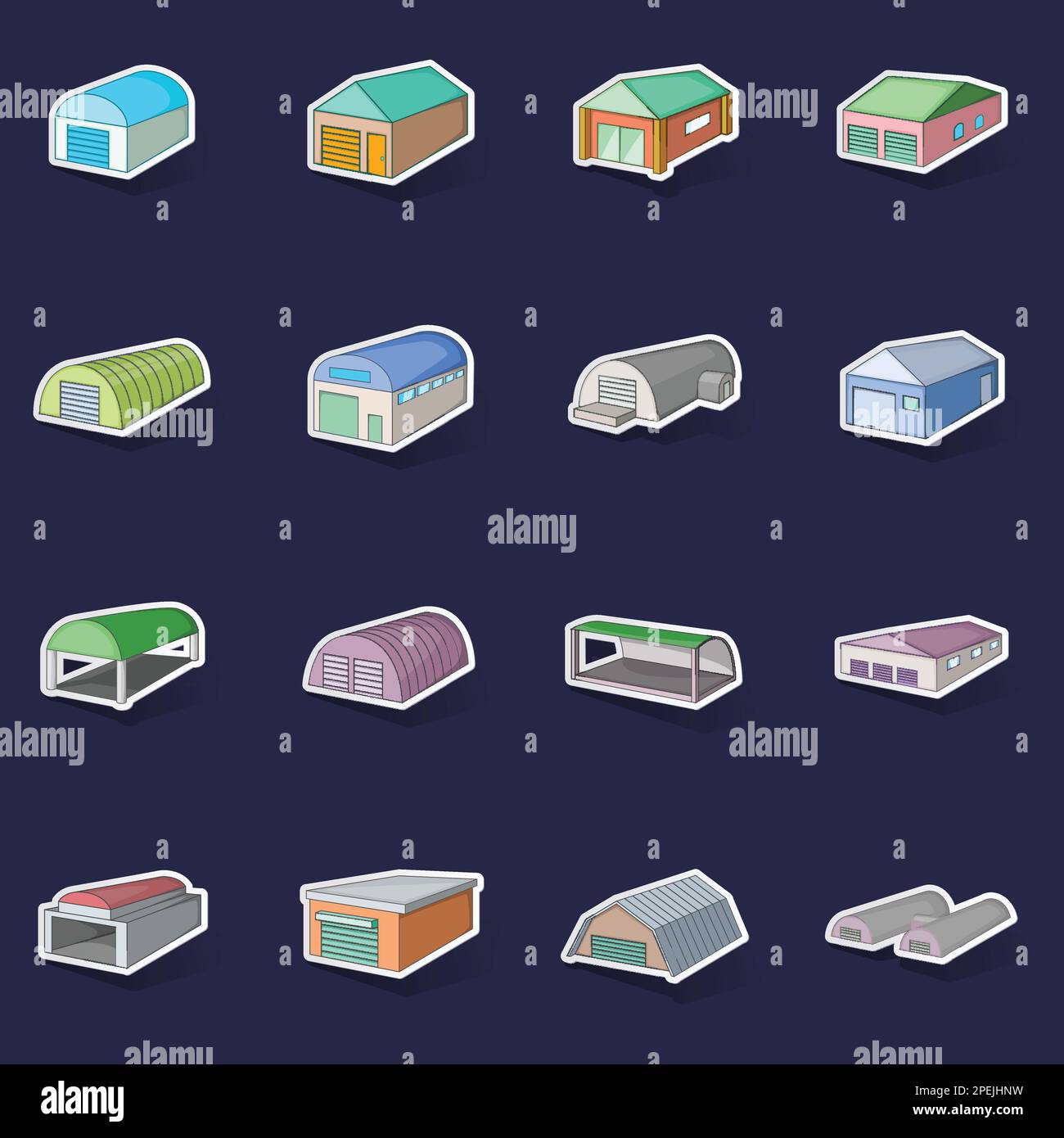 Verschiedene Hangars-Symbole setzen Stikers-Sammlungsvektor mit Schatten auf lila Hintergrund Stock Vektor