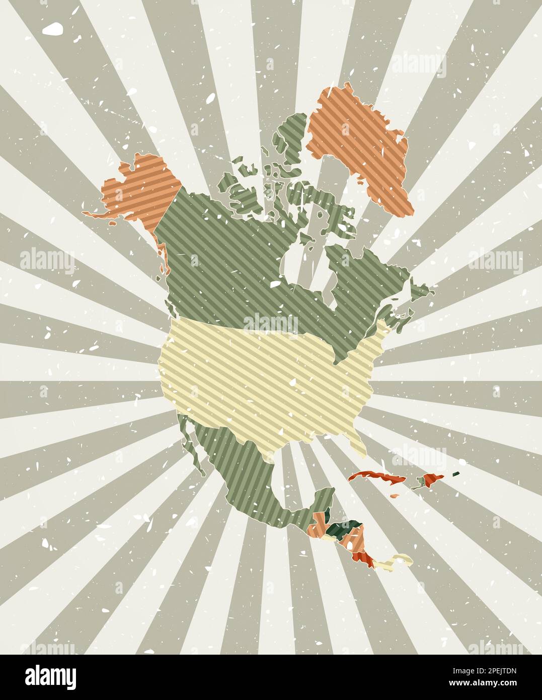 Nordamerikas Vintage-Karte. Grunge-Poster mit Karte des Kontinents in Retro-Farbpalette. Form von Nordamerika mit Sonnenstrahlen Hintergrund. Stock Vektor