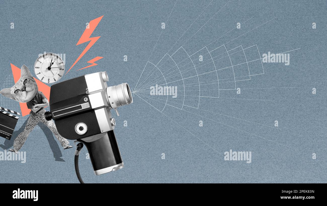 Antike Filmkamera und Diagramme, die die Brennweiten verschiedener Objektivtypen zeigen. Geschichtenerzählkonzept und Crew in der Filmindustrie. Stockfoto