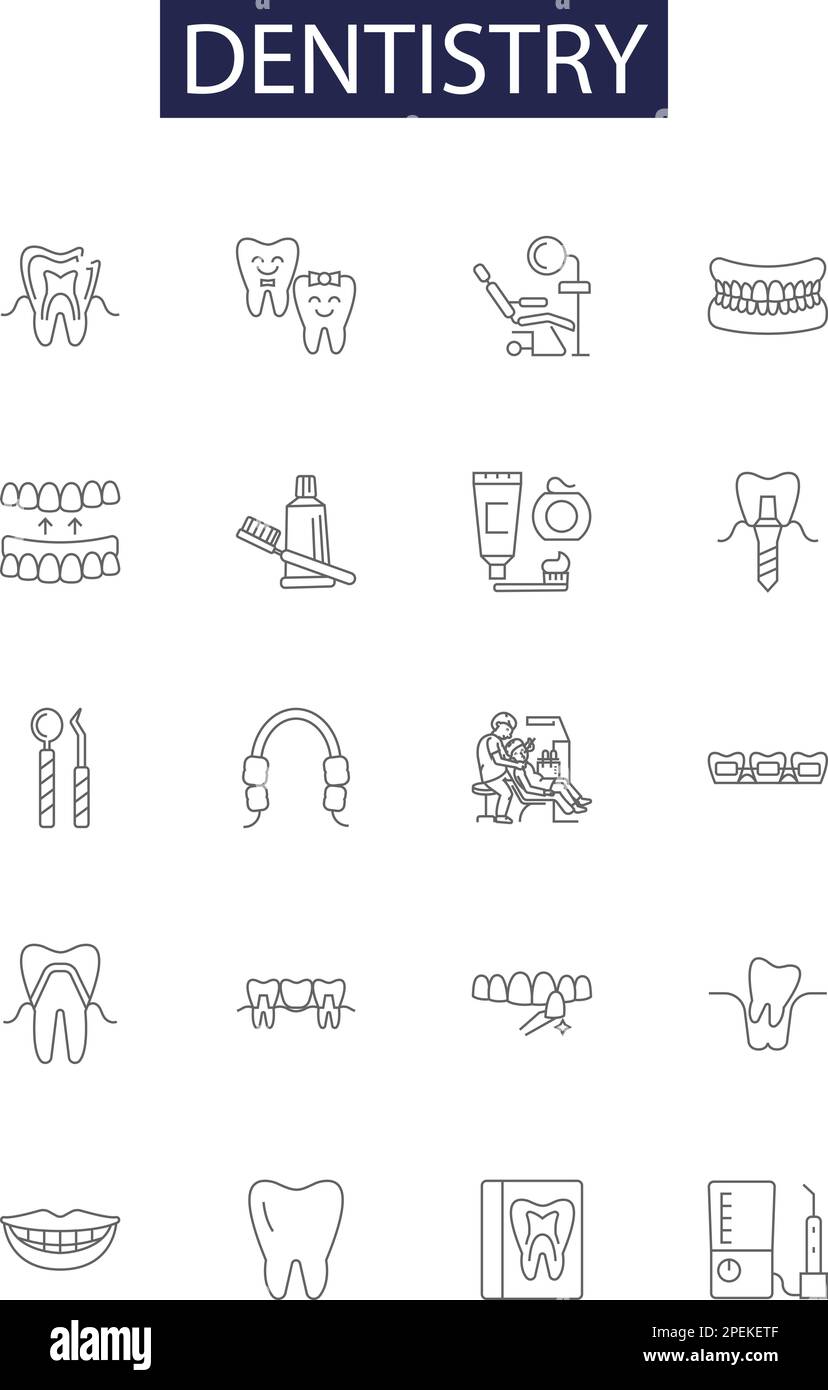Zahnheilkunde-Linienvektorsymbole und -Zeichen. Zahn, Zahn, Hygiene, Verfall, Füllungen, Kronen, Brücken, Wurzelkanäle, Konturen des Vektorbildungs-Sets Stock Vektor