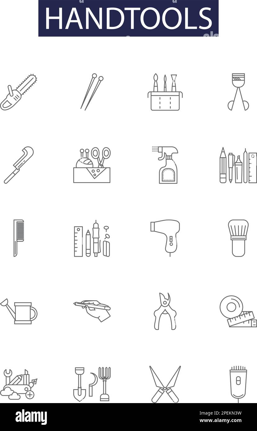Symbole und Zeichen für Handwerkzeuge-Linienvektoren. Zangen, Hämmer, Schraubendreher, Bohrer, Sägen, Feilen, Meißel, Lineale umreißen Vektorbildungs-Set Stock Vektor